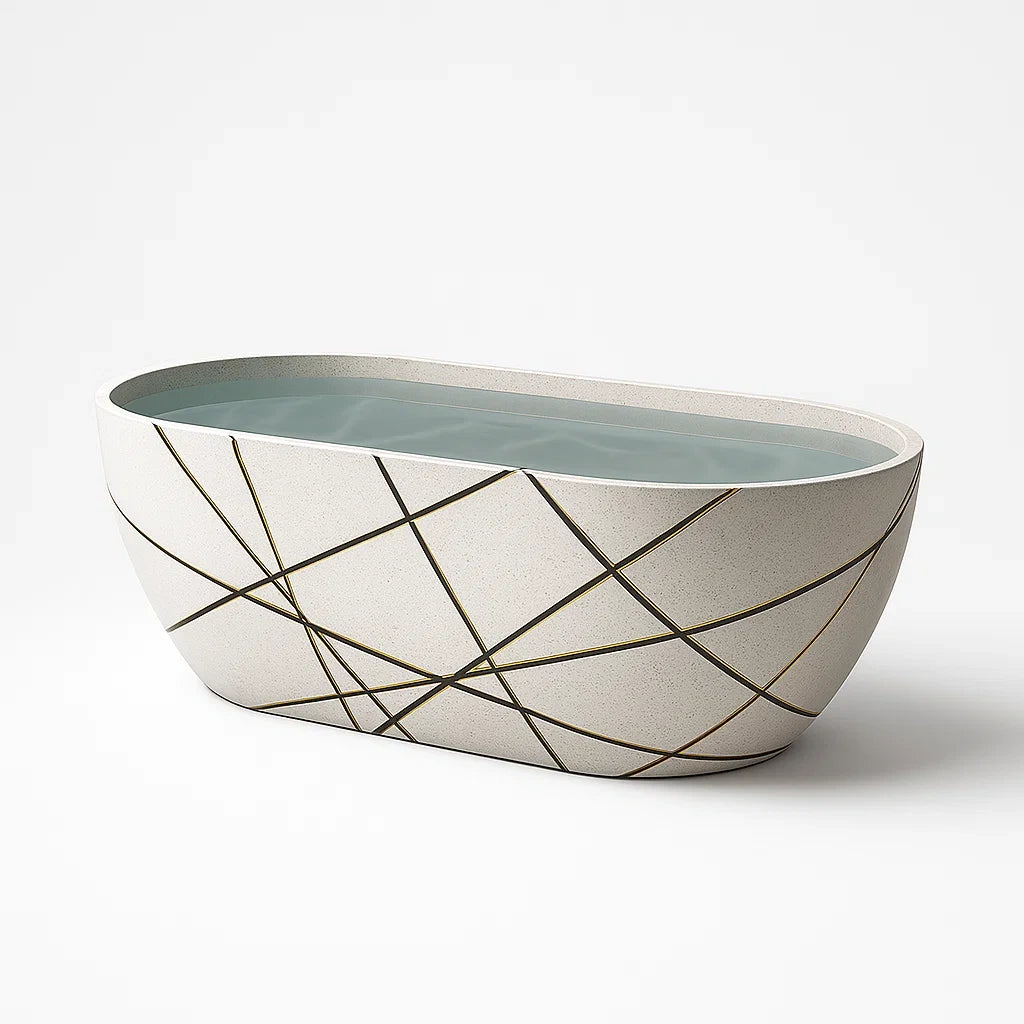 Ovale Badewanne aus Acryl mit geometrischem Muster in Weiß/Gold