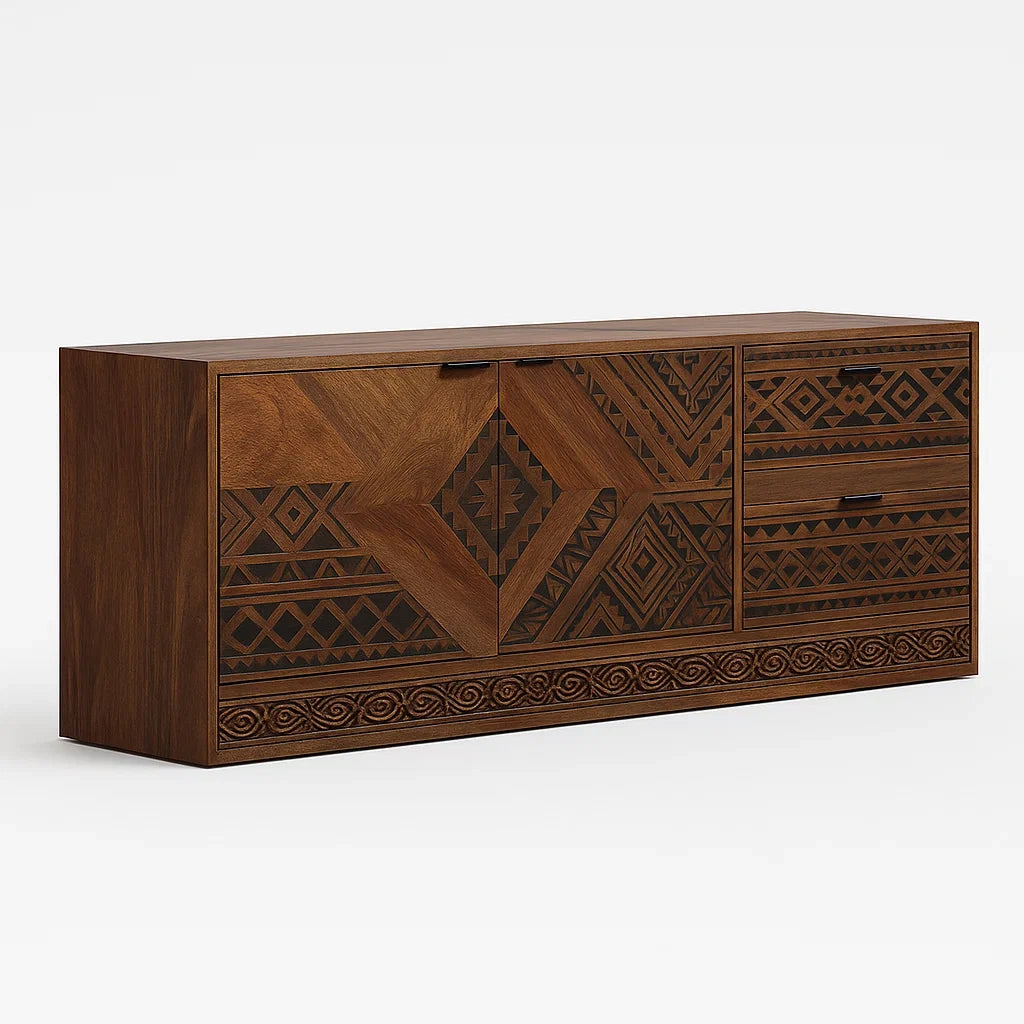 Sideboard aus Akazienholz mit geometrischem Muster