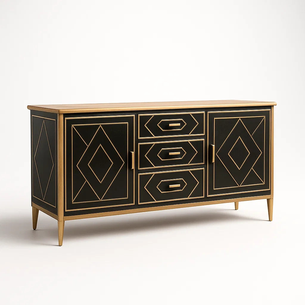 Sideboard Holz Schwarz-Gold mit Geometrischem Muster
