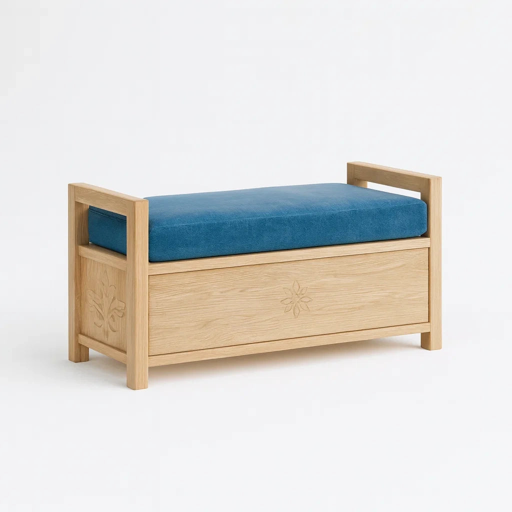 Holzbank mit Stauraum Blaue Polsterung Eiche 100cm
