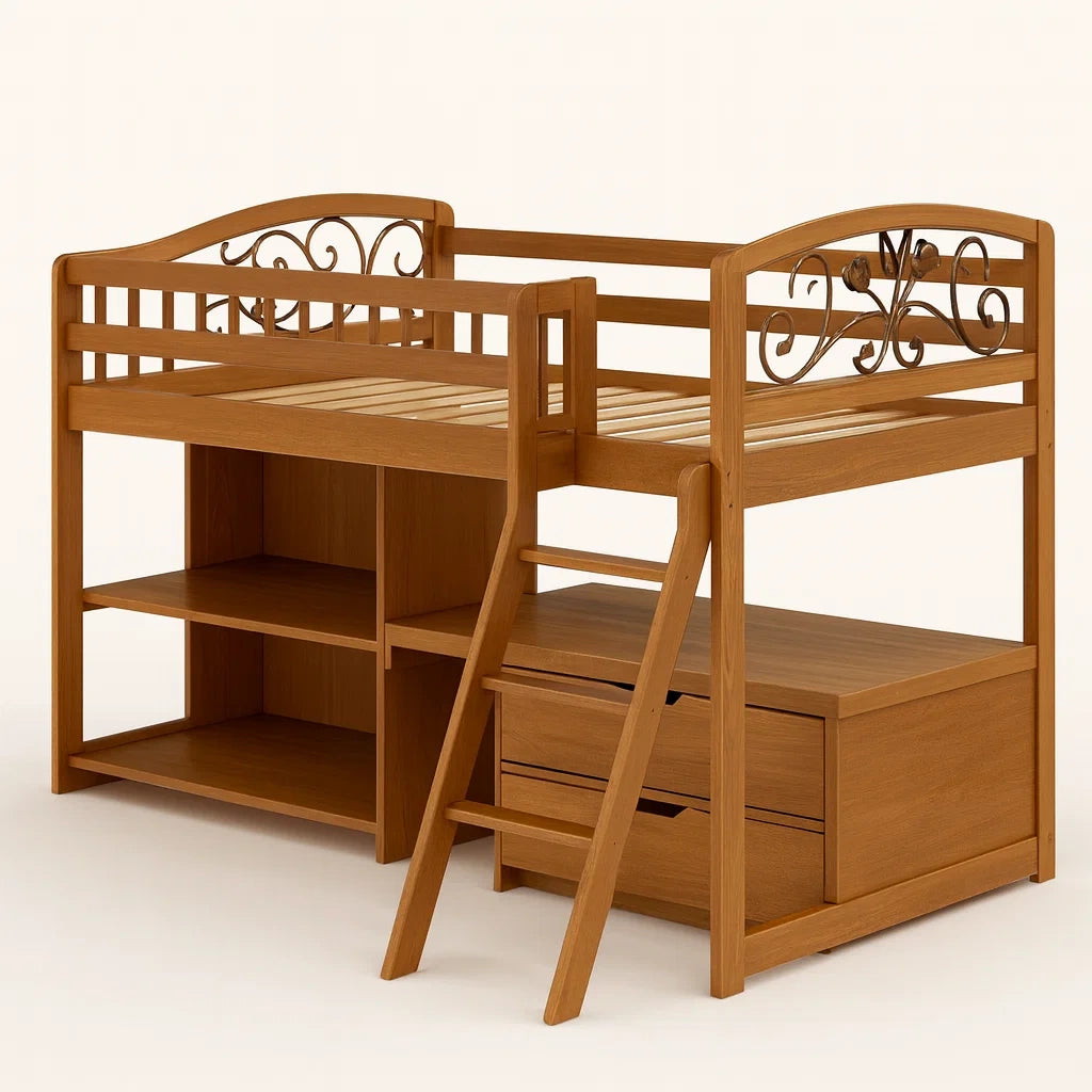Hochbett aus Holz und Metall mit Regal und Schubladen Braun 200x90 cm