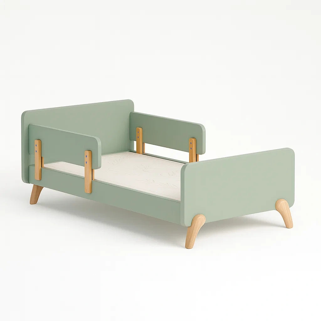 Kinderbett aus MDF und Massivholz Grün 140x70 cm mit Rausfallschutz